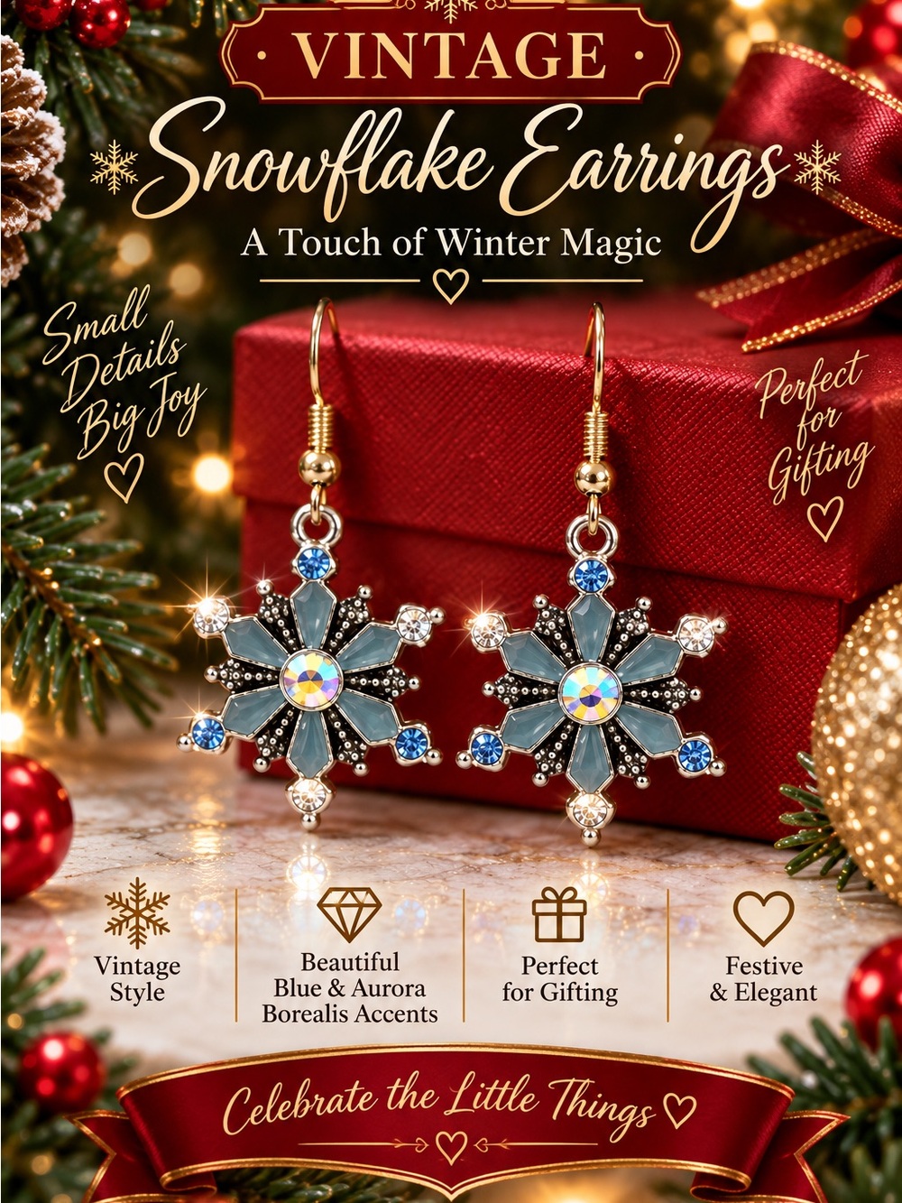 Vintage Snowflake Dangle Earrings with Blue and Aurora Accents